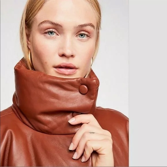 Rare! Free People Leather Puffer Coat Jacket Large - Picture 2 of 4